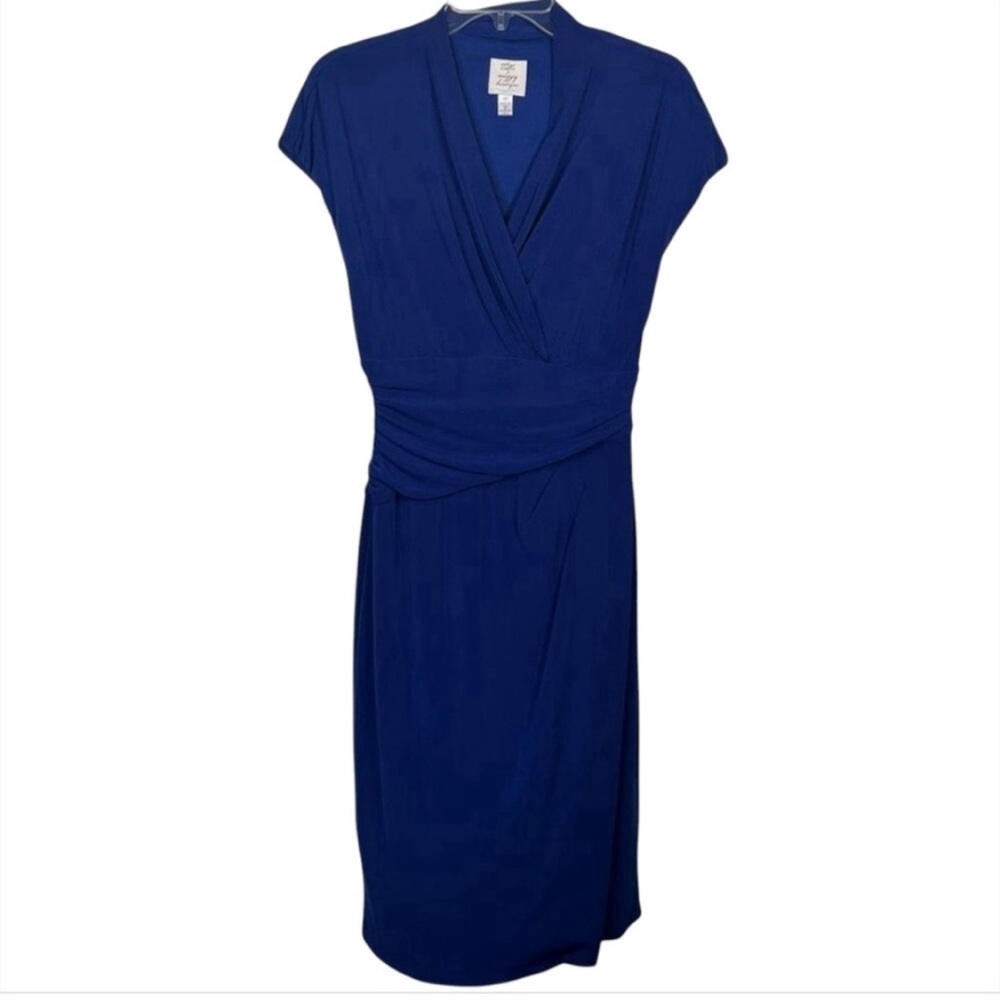 Suzi Chin For Maggy Boutique Sz 10 Blue Faux Wrap Dress Midi Length